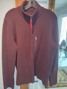 Prada Men's Zip Pullover Sweater in Dark Brown with Red Zip Pull
